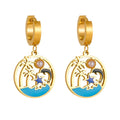 Gold-tone hoop drop earrings with turquoise round enamel and pearl charm