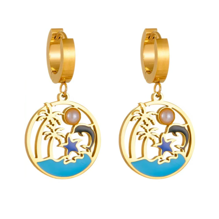 Gold-tone hoop drop earrings with turquoise round enamel and pearl charm