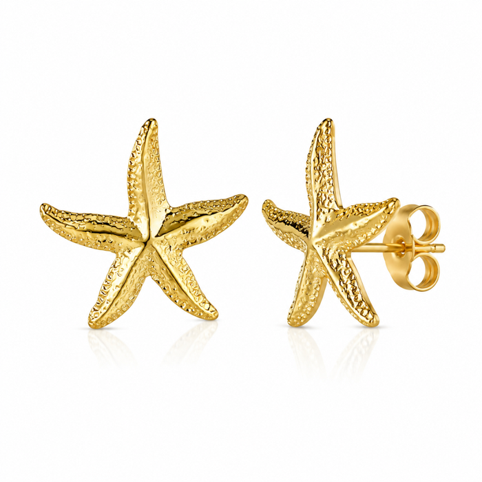 Gold starfish stud earrings with textured starfish, push-back posts