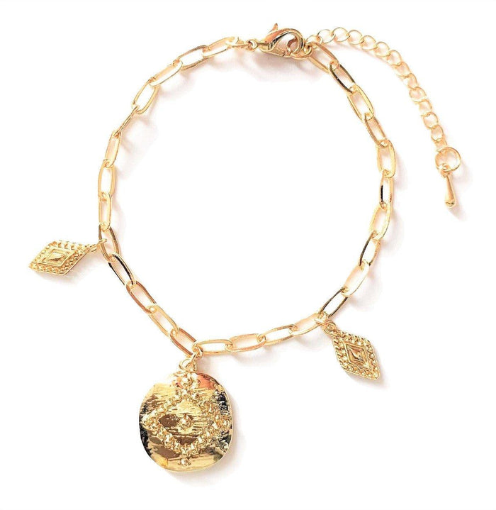 Gold coin charm bracelet with round coin pendant, three leaf charms, and clasp