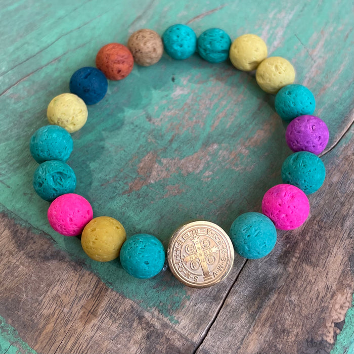 Colorful Lava Bead St Benedict Bracelet and Earrings