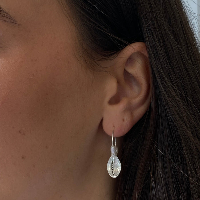 Cowrie Shell Pearl Sleeper Earrings Silver