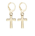 Gold cross dangle hoop earrings with small cross charms on circular hinged loops