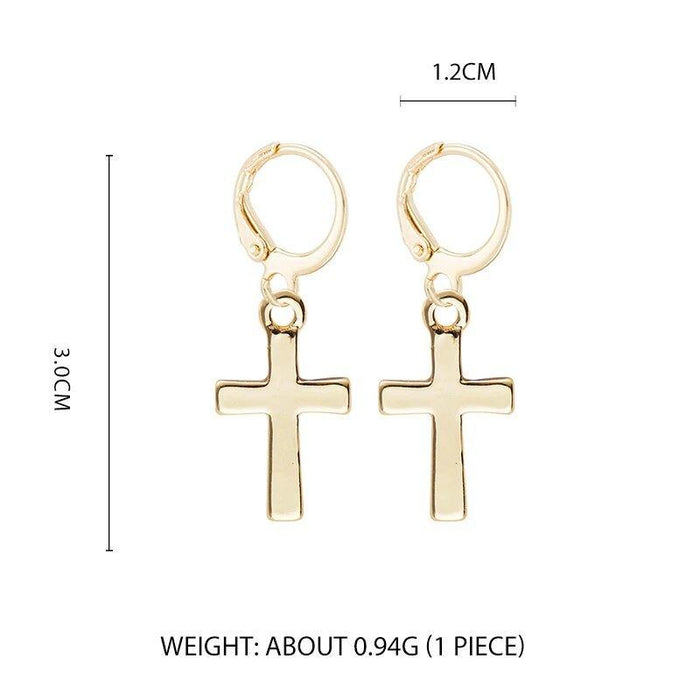 Gold cross dangle hoop earrings, 3 cm drop, 1.2 cm width, small cross charms