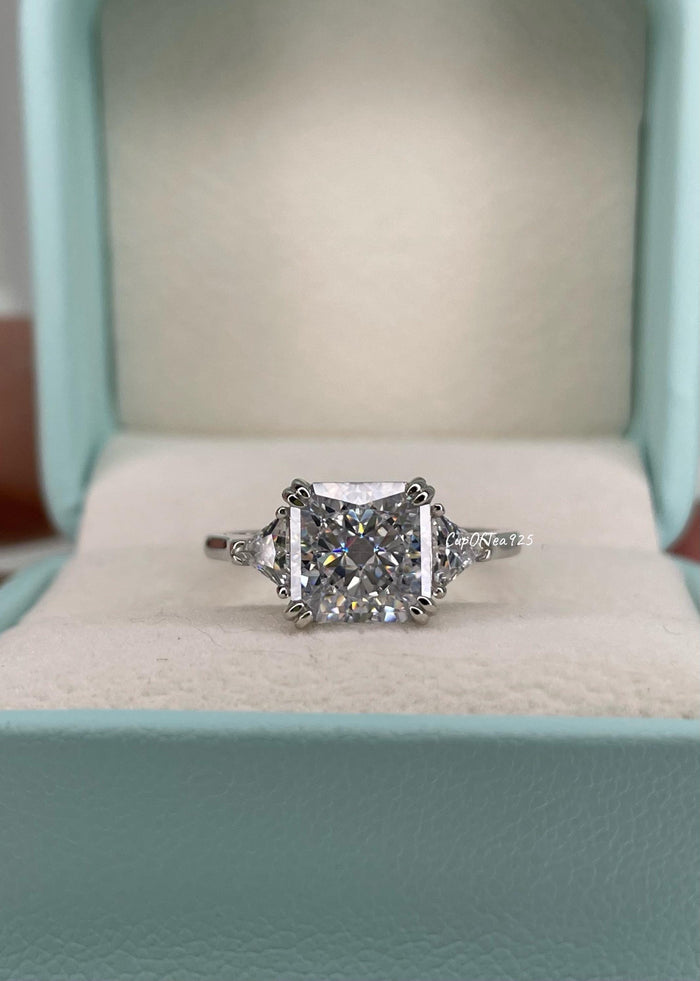 Crushed ice 3CT engagement ring with 8A CZ simulated diamond in sterling silver 925. Engagement ring, promise ring, three stone ring