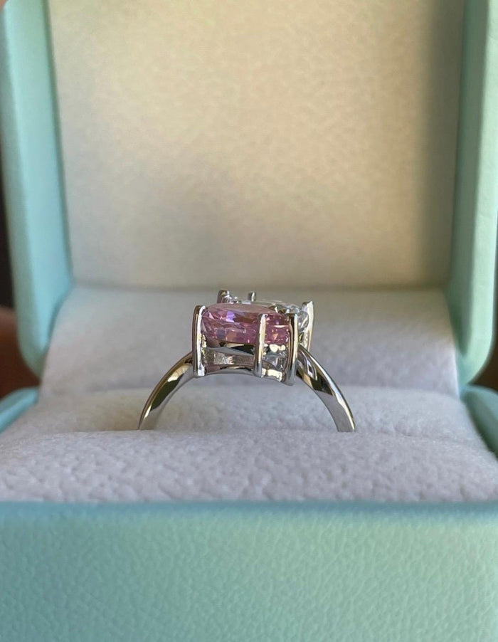 Crushed Ice double pear cut fancy pink Toi et Moi engagement Ring in Sterling silver 925, Pink stone ring, gift for her