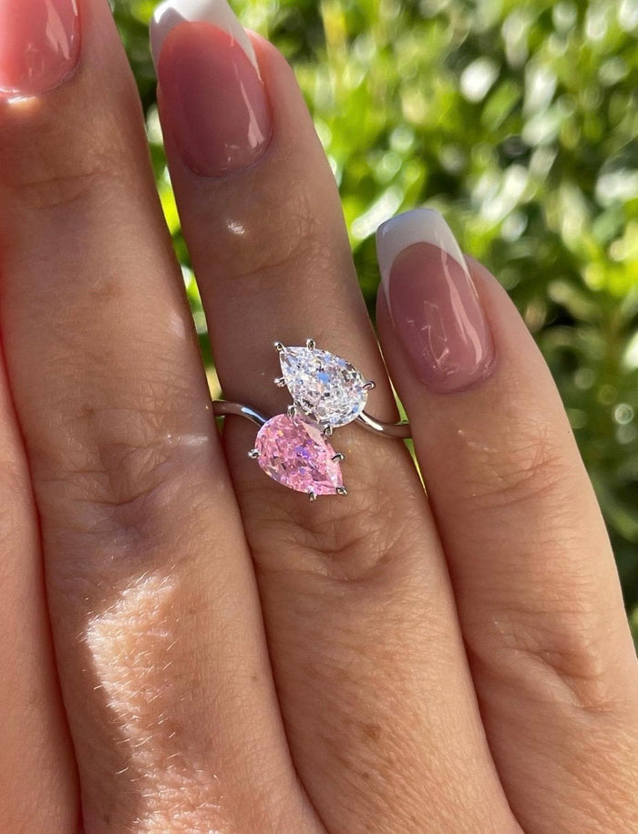 Crushed Ice double pear cut fancy pink Toi et Moi engagement Ring in Sterling silver 925, Pink stone ring, gift for her