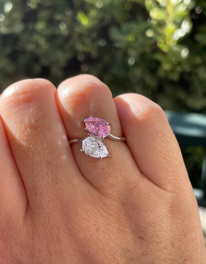 Crushed Ice double pear cut fancy pink Toi et Moi engagement Ring in Sterling silver 925, Pink stone ring, gift for her