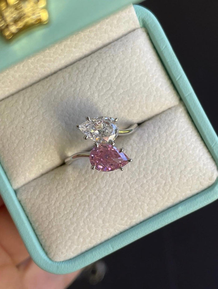 Crushed Ice double pear cut fancy pink Toi et Moi engagement Ring in Sterling silver 925, Pink stone ring, gift for her