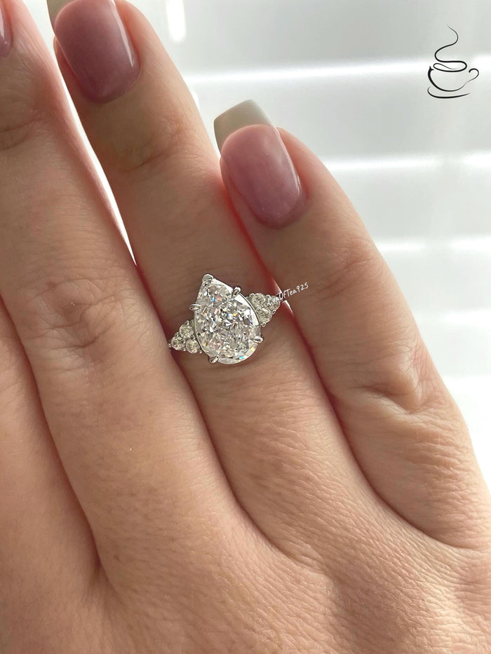 Crushed Ice Pear Cut Engagement Ring: 3CT Simulated Diamond, Sterling Silver