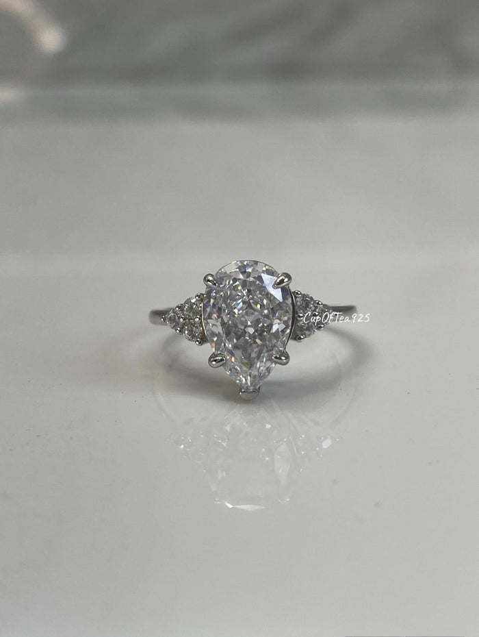 Crushed Ice Pear Cut Engagement Ring: 3CT Simulated Diamond, Sterling Silver