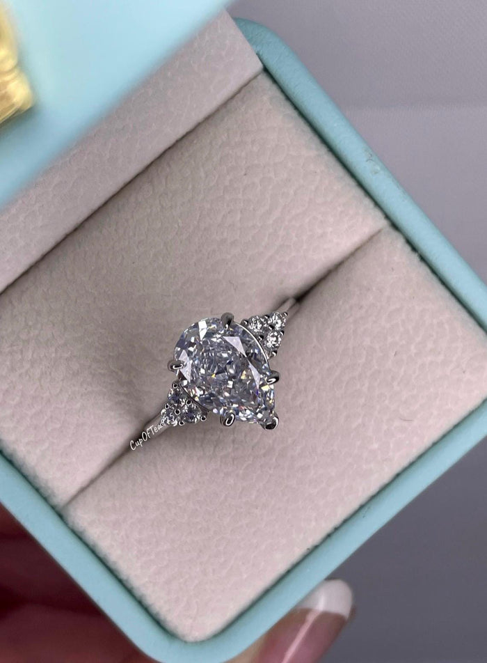 Crushed Ice Pear Cut Engagement Ring: 3CT Simulated Diamond, Sterling Silver