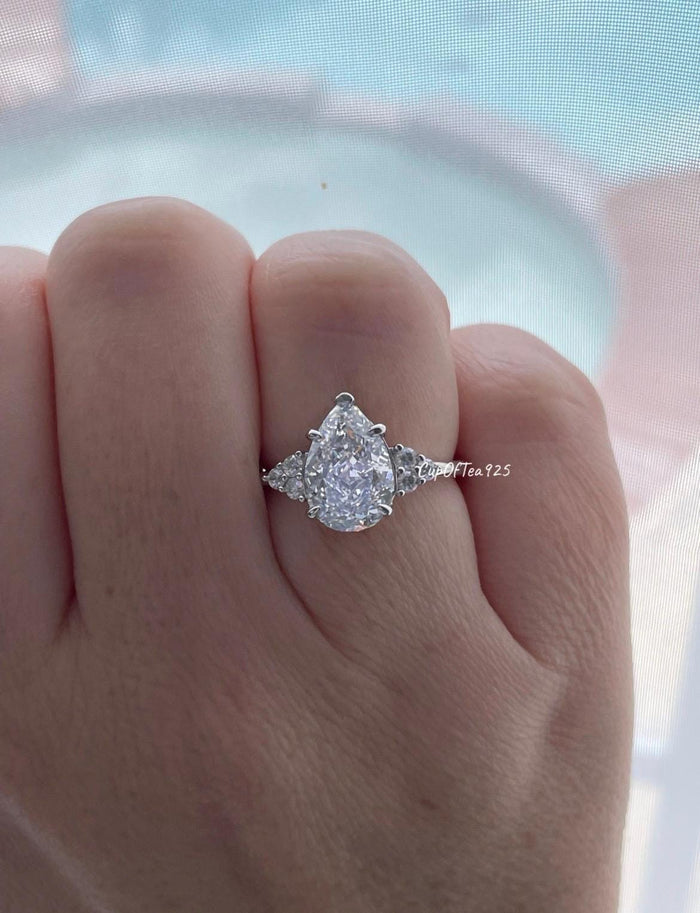 Crushed Ice Pear Cut Engagement Ring: 3CT Simulated Diamond, Sterling Silver