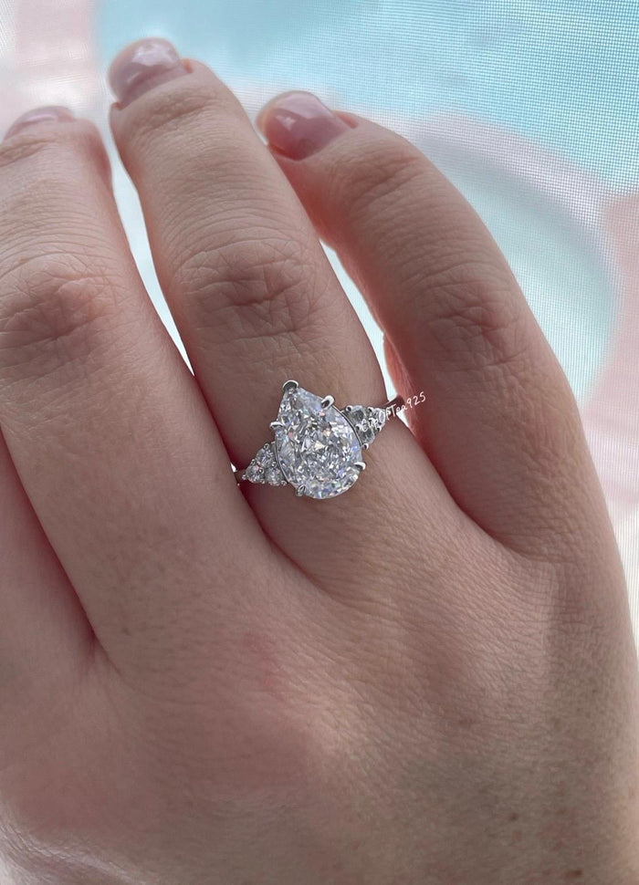 Crushed Ice Pear Cut Engagement Ring: 3CT Simulated Diamond, Sterling Silver