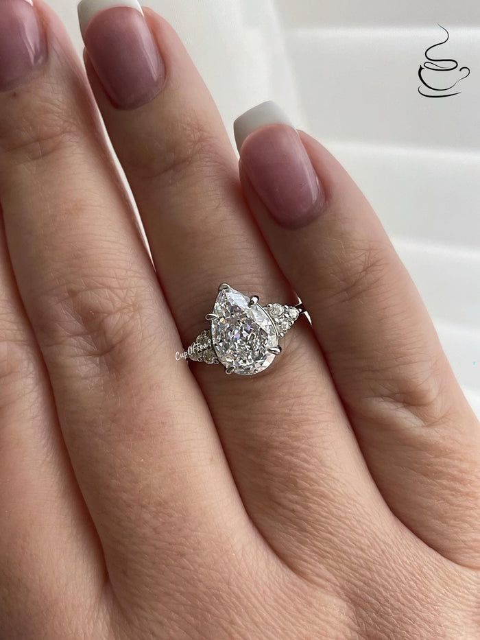 Crushed Ice Pear Cut Engagement Ring: 3CT Simulated Diamond, Sterling Silver
