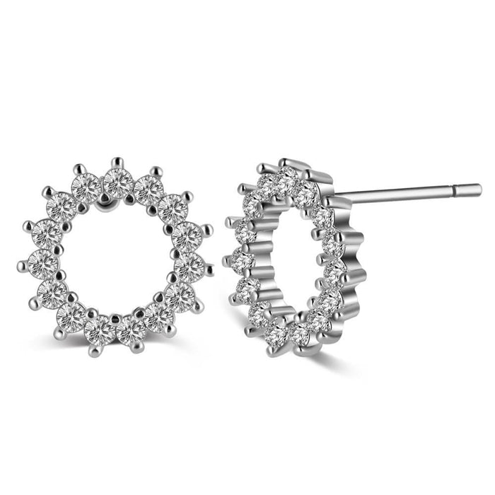 Round halo stud earrings with clear crystal stones and silver-tone posts