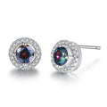 Round halo stud earrings with iridescent crystal and silver border