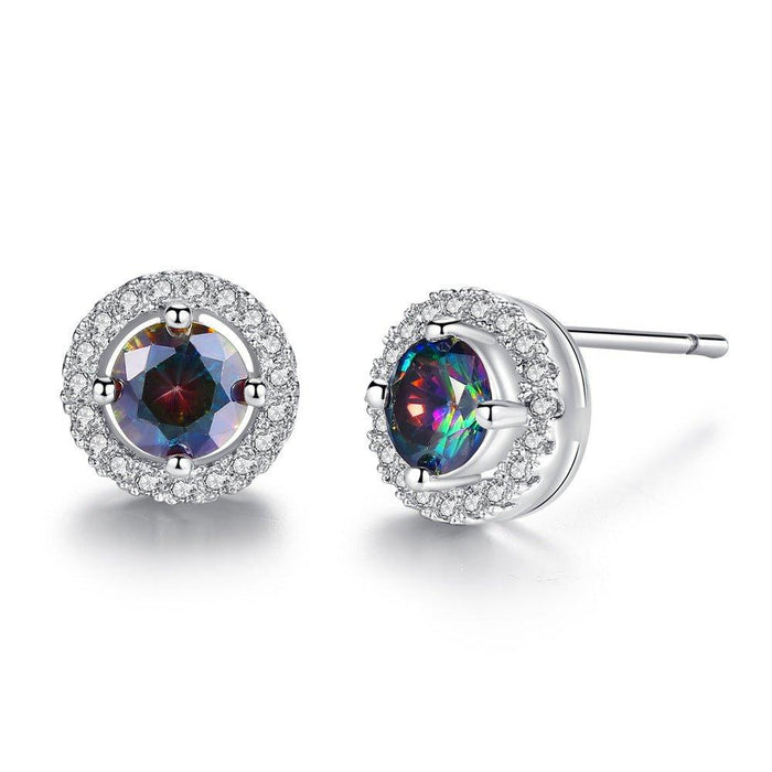 Round halo stud earrings with iridescent crystal and silver border