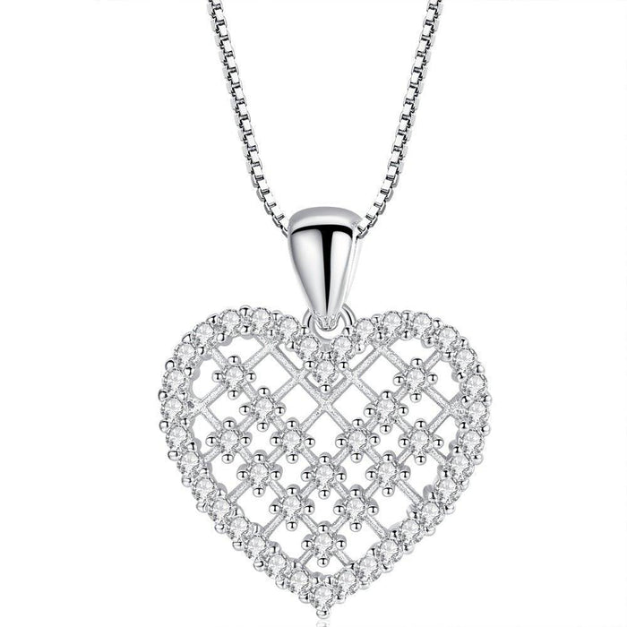Silver heart crystal pendant necklace, teardrop bail and link chain