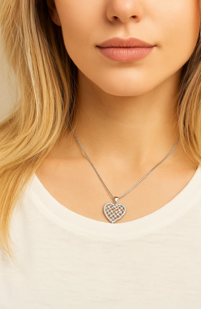 Crystal heart necklace with a silver chain and pavé heart pendant