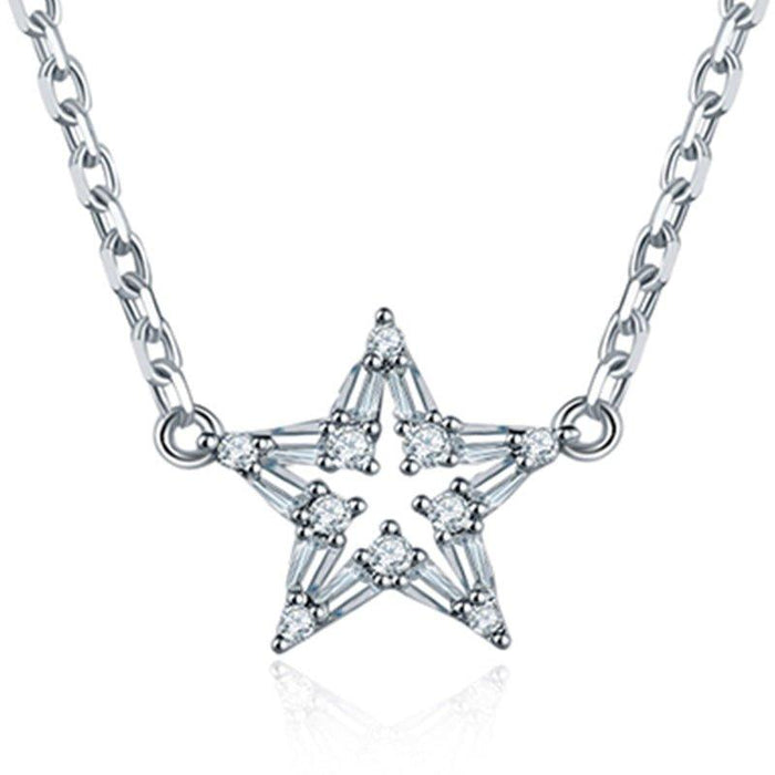 Crystal star pendant necklace with clear rhinestone star on silver-tone chain