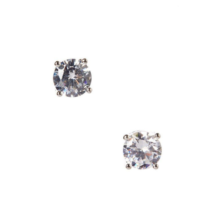 Round clear crystal stud earrings with four-prong setting and silver-tone posts