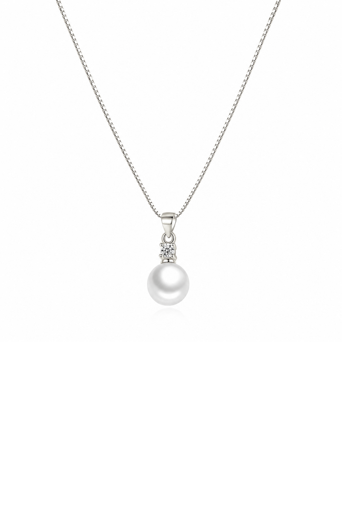 Silver faux pearl pendant necklace with cubic zirconia halo and link chain