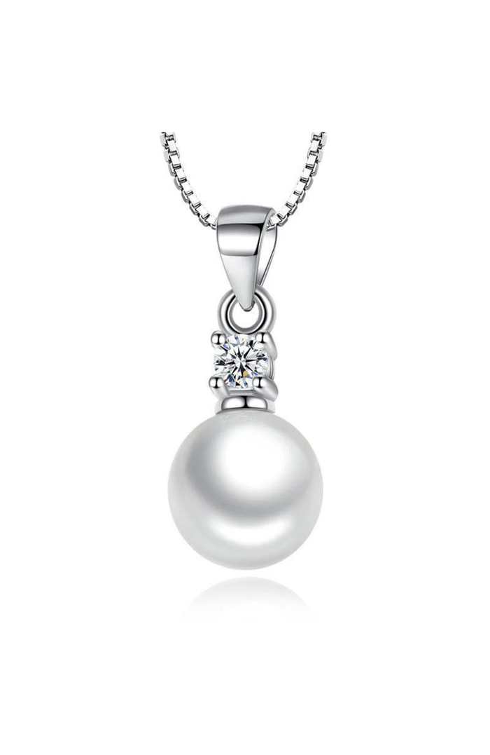 Silver cubic zirconia faux pearl pendant with textured bail and chain links