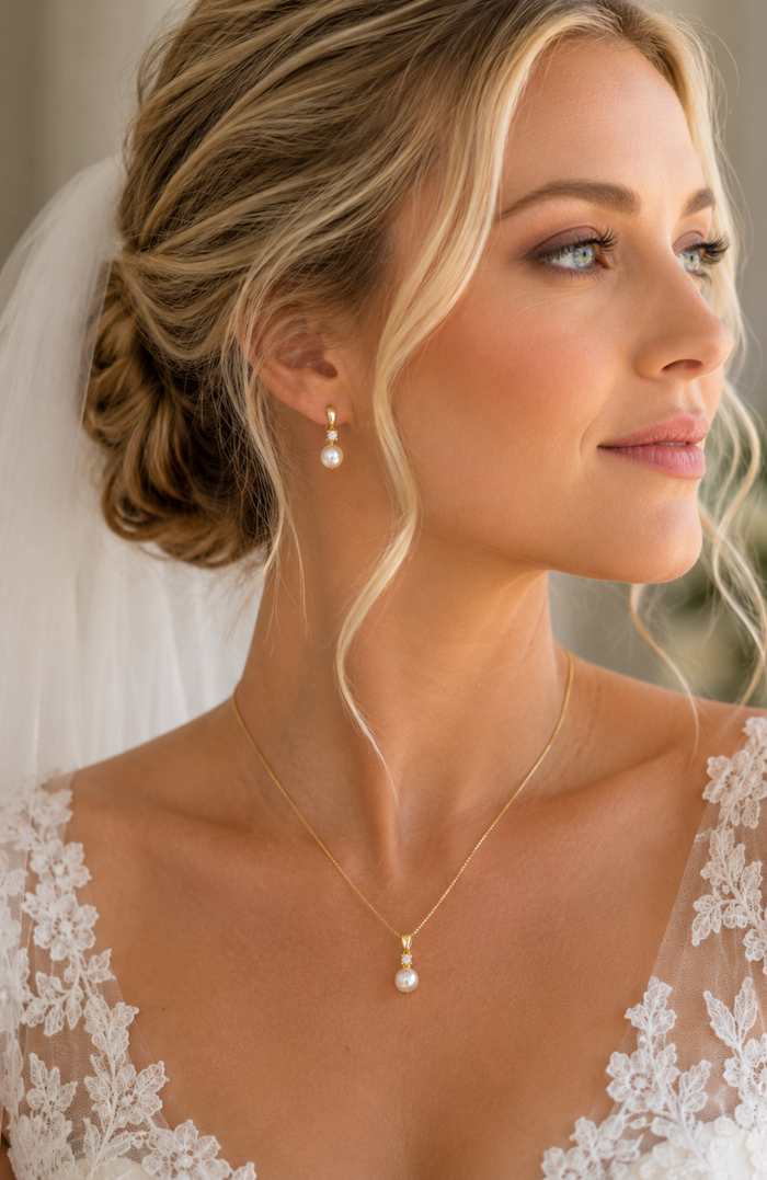 Gold-tone faux pearl pendant necklace with cubic zirconia halo and slim chain