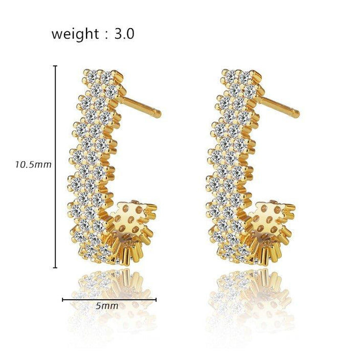 Cubic zirconia J hoop earrings shown with size 10.5mm and 5mm width; weight 3.0