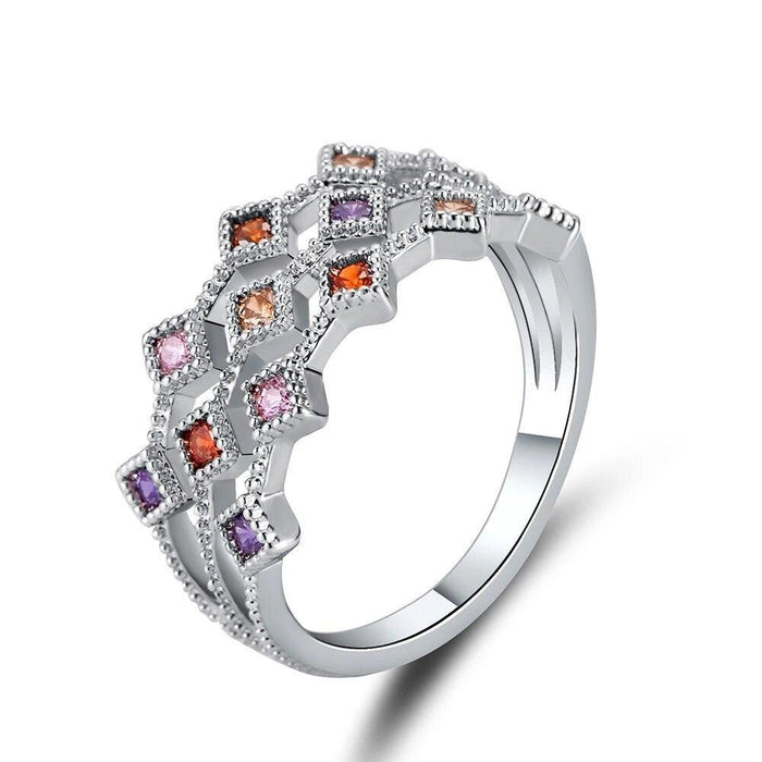 Multicolor cubic zirconia ring, silver-tone band with purple, pink, orange stone settings