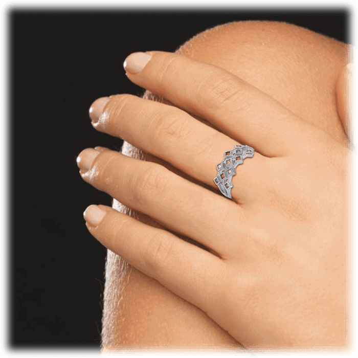 Multicolor cubic zirconia ring on finger, silver-tone band with clustered crystal stones