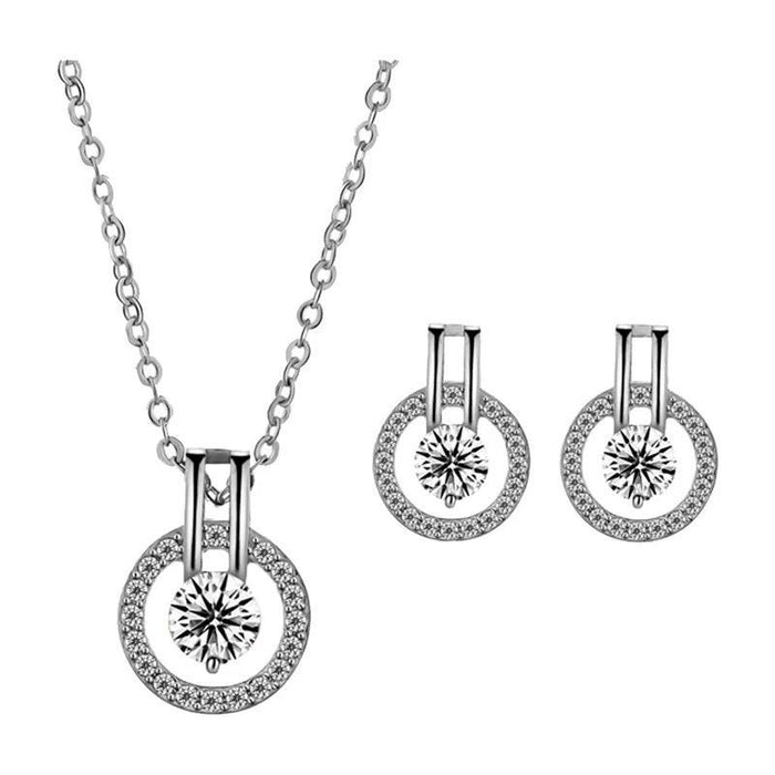 Silver cubic zirconia necklace with round halo pendant and matching stud earrings