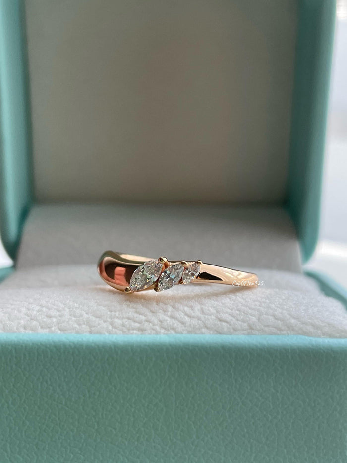 Curved CZ Diamond Wedding Band: Sterling Silver Stacking Ring