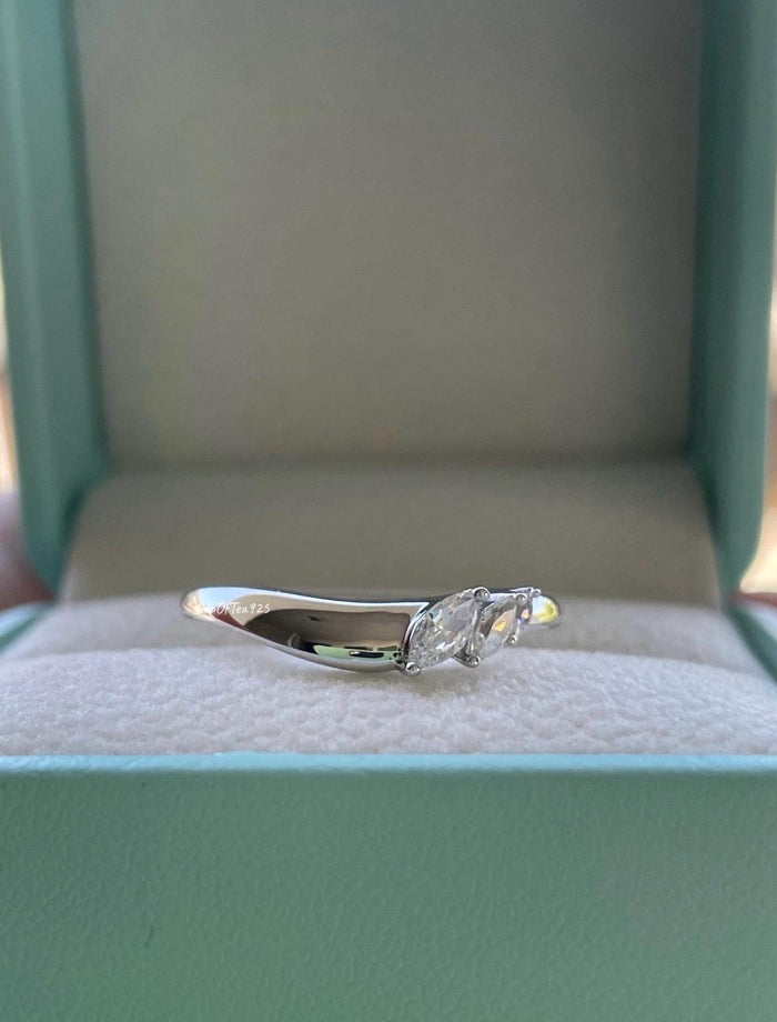 Curved Sterling Silver Wedding Band, Marquise CZ Diamond Stacking Ring, curved band