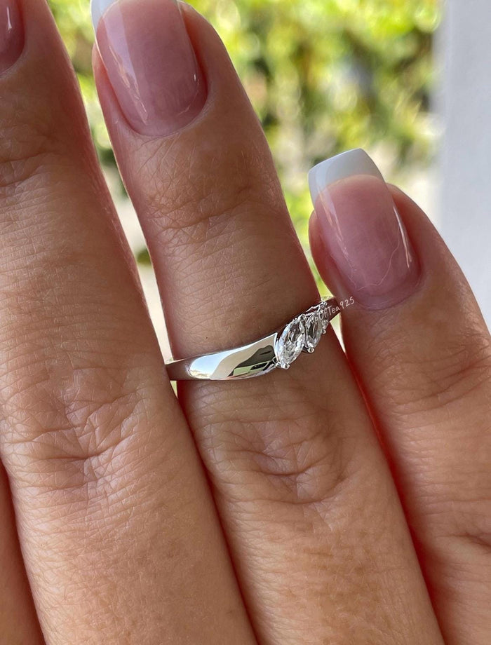 Curved Sterling Silver Wedding Band, Marquise CZ Diamond Stacking Ring, curved band