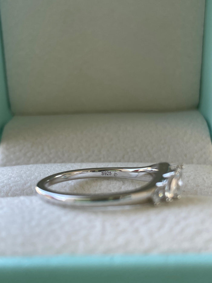 Curved Sterling Silver Wedding Band, Marquise CZ Diamond Stacking Ring, curved band