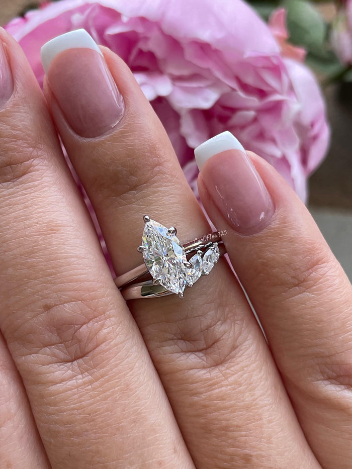 Curved Sterling Silver Wedding Band, Marquise CZ Diamond Stacking Ring, curved band