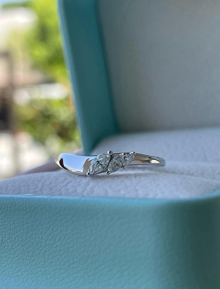 Curved Sterling Silver Wedding Band, Marquise CZ Diamond Stacking Ring, curved band