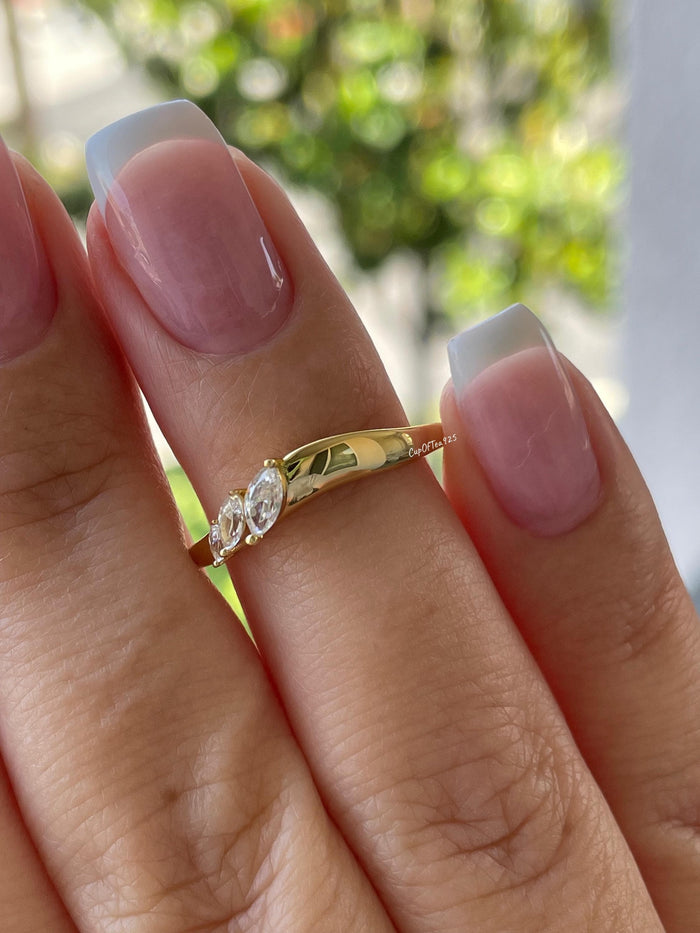 Curved wedding band. Yellow gold, rose gold over silver 925 curved stacking band with marquise cut CZ diamonds