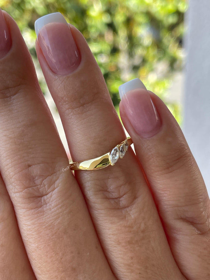 Curved wedding band. Yellow gold, rose gold over silver 925 curved stacking band with marquise cut CZ diamonds