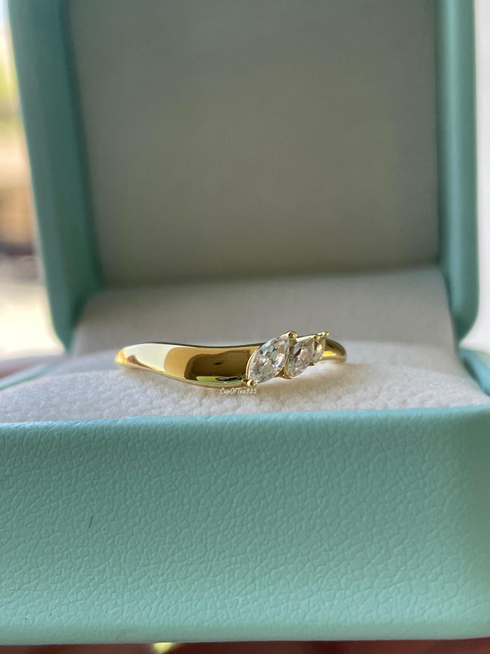 Curved wedding band. Yellow gold, rose gold over silver 925 curved stacking band with marquise cut CZ diamonds