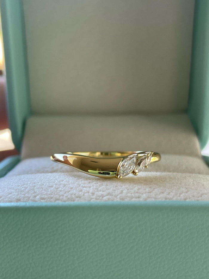 Curved wedding band. Yellow gold, rose gold over silver 925 curved stacking band with marquise cut CZ diamonds