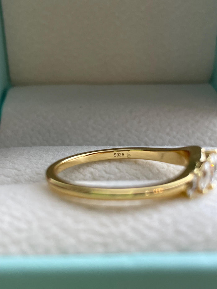 Curved wedding band. Yellow gold, rose gold over silver 925 curved stacking band with marquise cut CZ diamonds