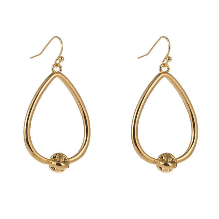 Gold teardrop hoop earrings with small love-knot detail at the bottom