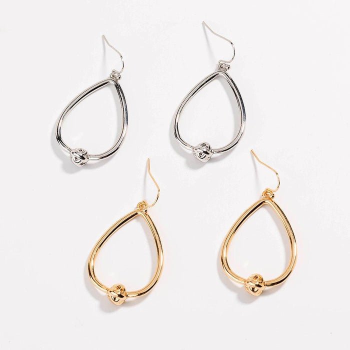 Teardrop hoop earrings in silver and gold with love-knot charms