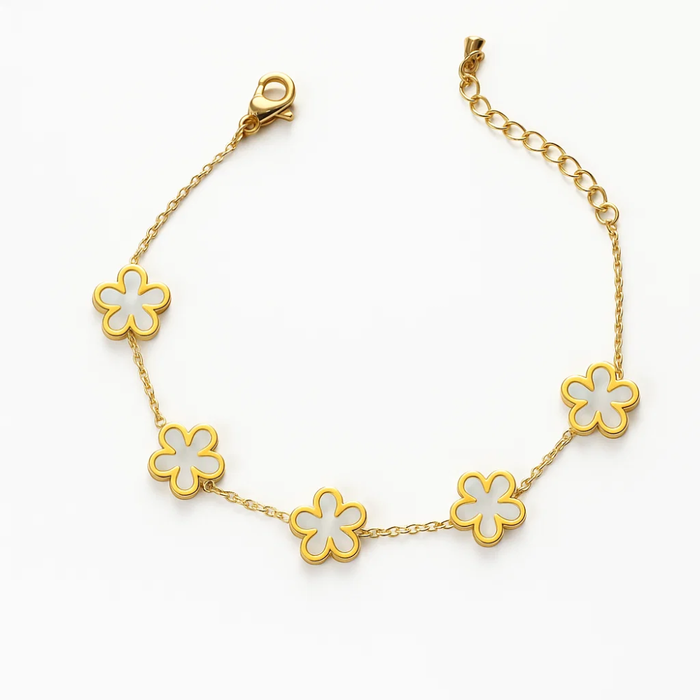 Gold-tone bracelet with five clover charms and chain link, lobster clasp