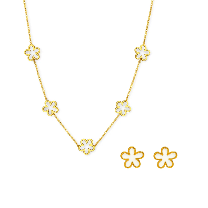 Gold-tone flower jewelry set: chain necklace and matching stud earrings