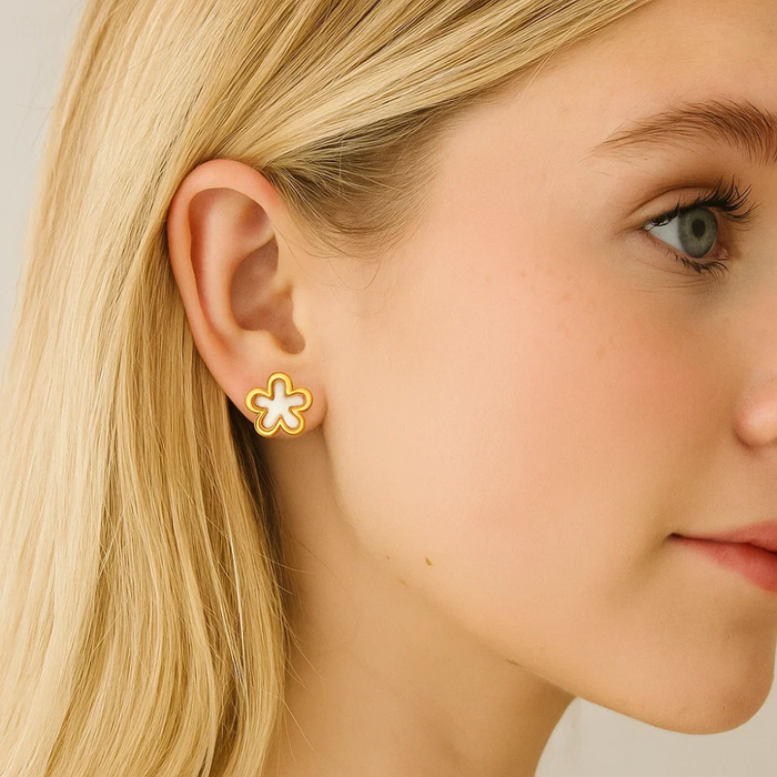 Gold-tone flower stud earrings with four-petal clover design