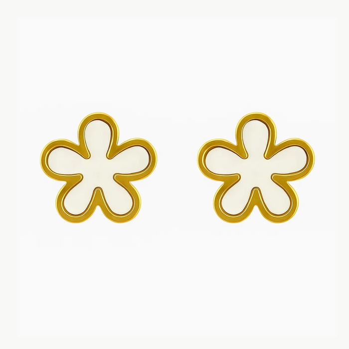 Gold-tone four-petal flower stud earrings, symmetrical pair